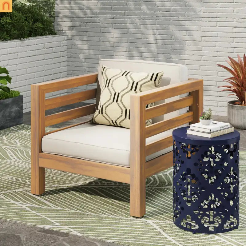 Outdoor Club Chair Acacia Wood Teak Beige Cushion 400 lb Cap