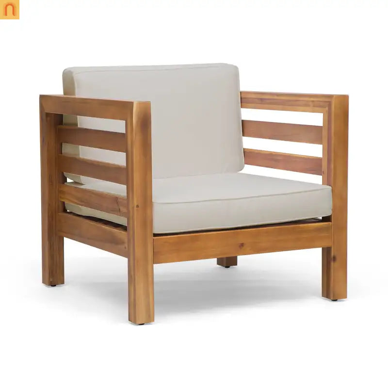 Outdoor Club Chair Acacia Wood Teak Beige Cushion 400 lb Cap