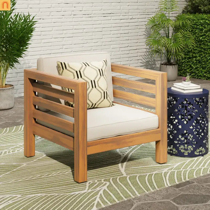 Outdoor Club Chair Acacia Wood Teak Beige Cushion 400 lb Cap