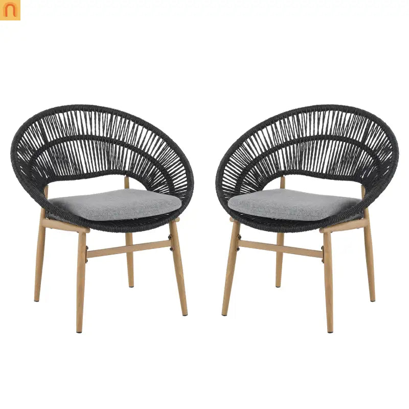 Outdoor Dining Chair PE Rattan Wicker Dark Gray Teak Legs Set of 2