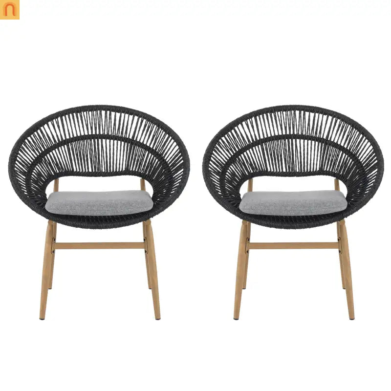 Outdoor Dining Chair PE Rattan Wicker Dark Gray Teak Legs Set of 2