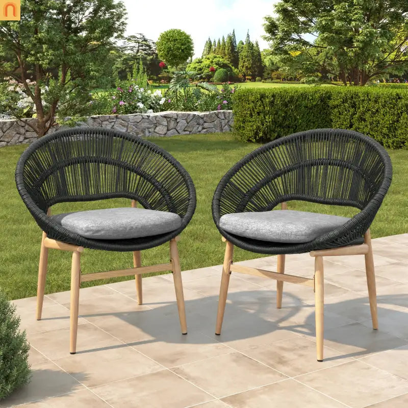 Outdoor Dining Chair PE Rattan Wicker Dark Gray Teak Legs Set of 2