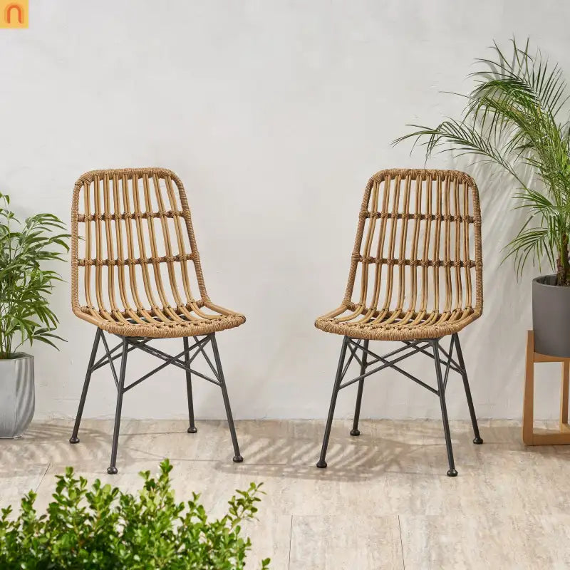 Outdoor Dining Chair Rattan Light Brown Angled Metal Frame 35in