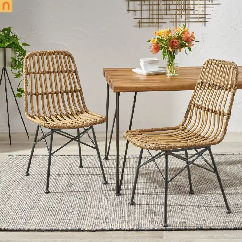 Outdoor Dining Chair Rattan Light Brown Angled Metal Frame 35in