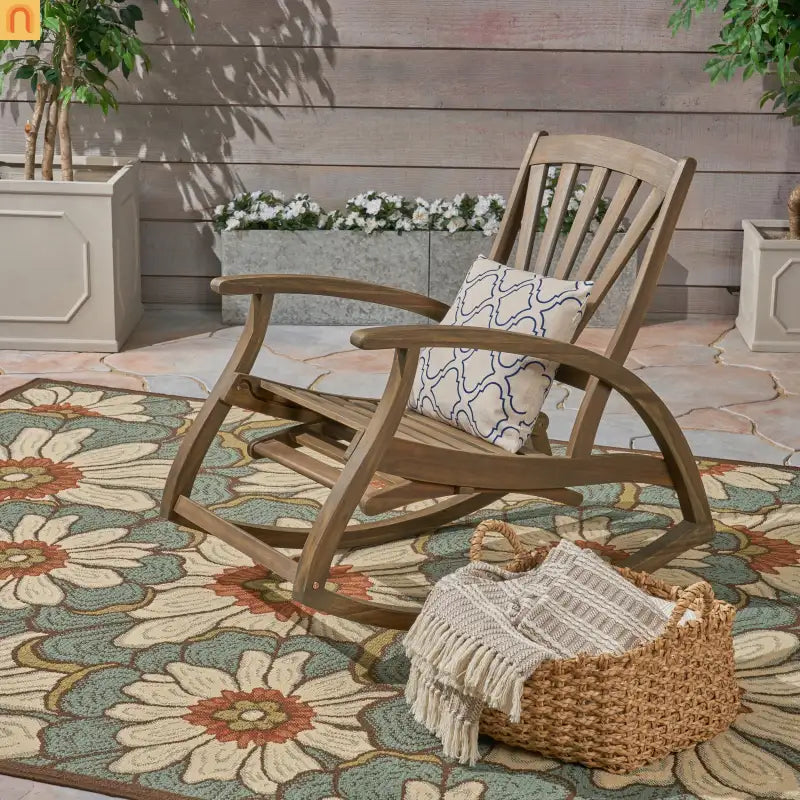Outdoor Rocking Recliner Acacia Wood Gray Retractable Footrest 400 lb