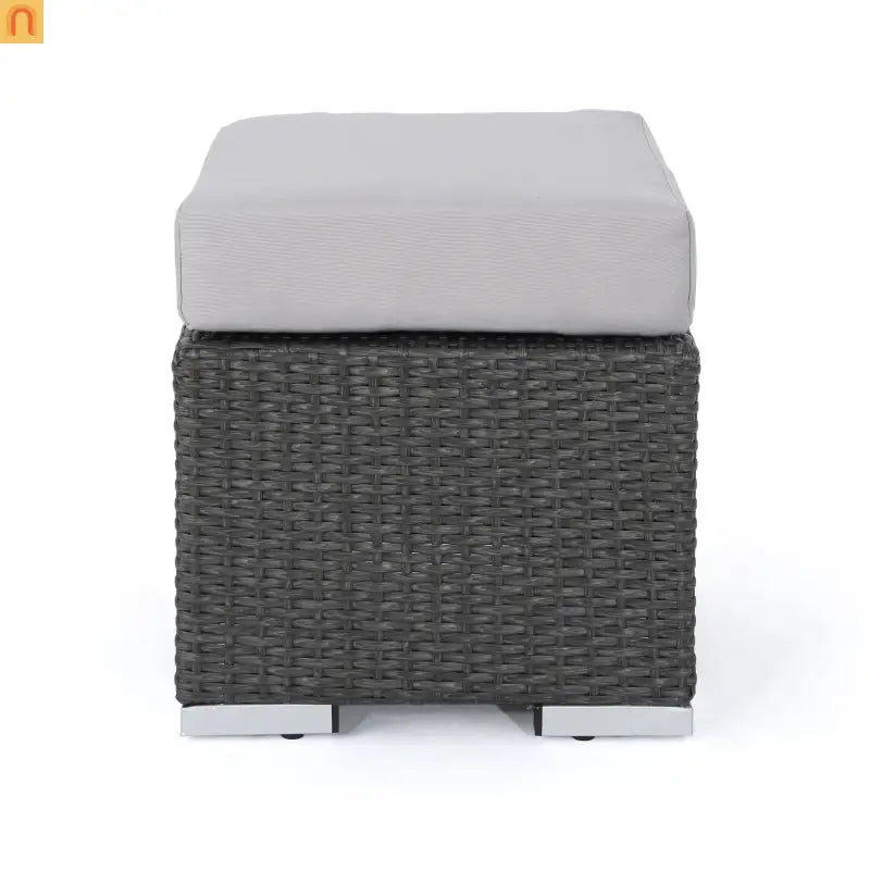 Outdoor Round Ottoman Stool PE Rattan Gray Weatherproof 16.25in
