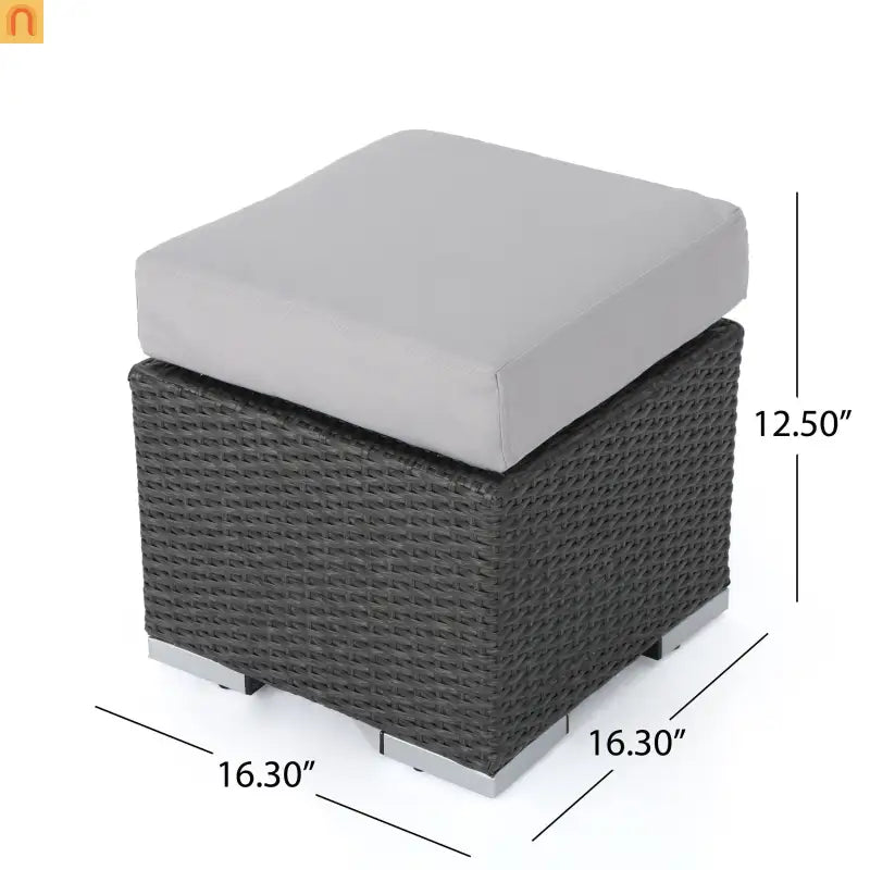Outdoor Round Ottoman Stool PE Rattan Gray Weatherproof 16.25in