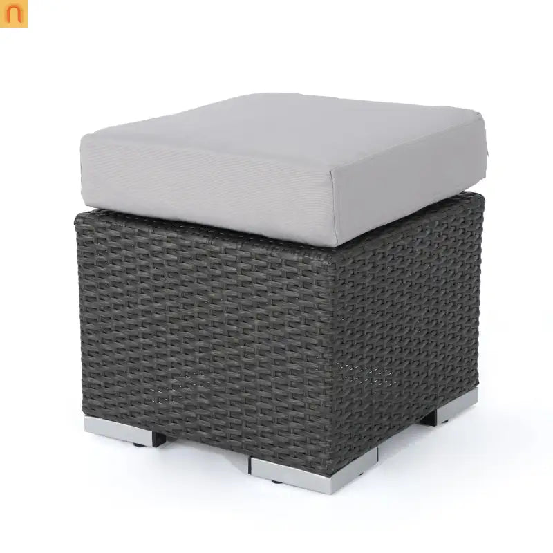 Outdoor Round Ottoman Stool PE Rattan Gray Weatherproof 16.25in