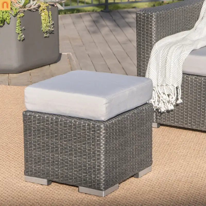 Outdoor Round Ottoman Stool PE Rattan Gray Weatherproof 16.25in