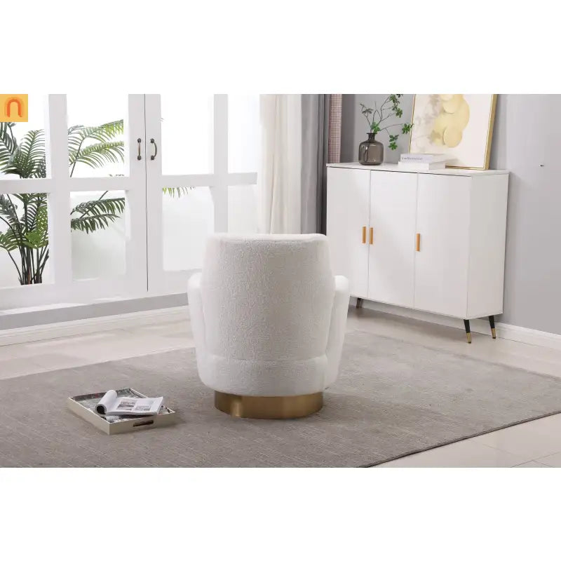 Accent Chair Barrel Swivel Faux Fur Ivory Gold Base 300 lb 29in