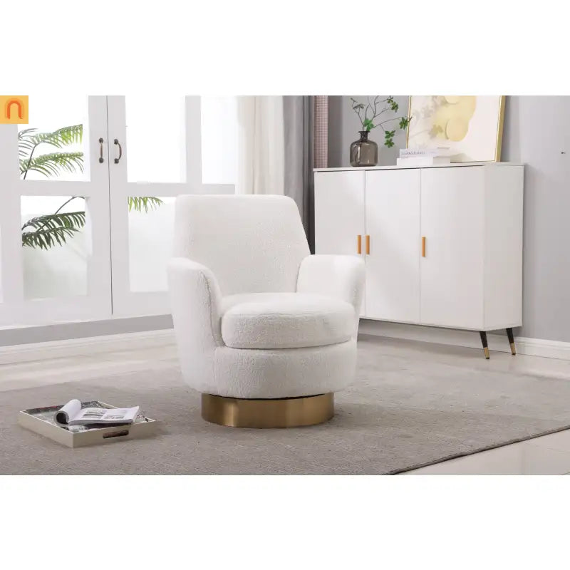 Accent Chair Barrel Swivel Faux Fur Ivory Gold Base 300 lb 29in