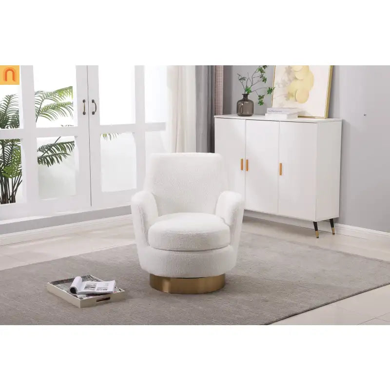 Accent Chair Barrel Swivel Faux Fur Ivory Gold Base 300 lb 29in