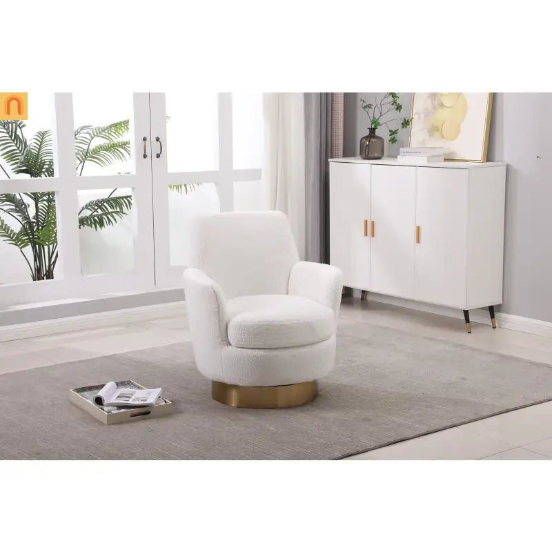 Accent Chair Barrel Swivel Faux Fur Ivory Gold Base 300 lb 29in