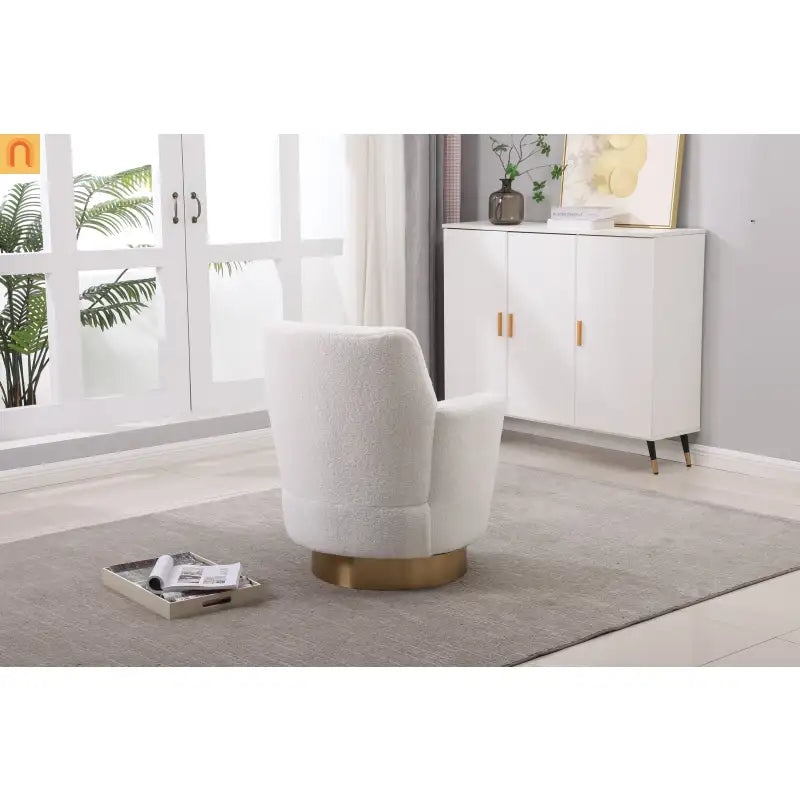 Accent Chair Barrel Swivel Faux Fur Ivory Gold Base 300 lb 29in