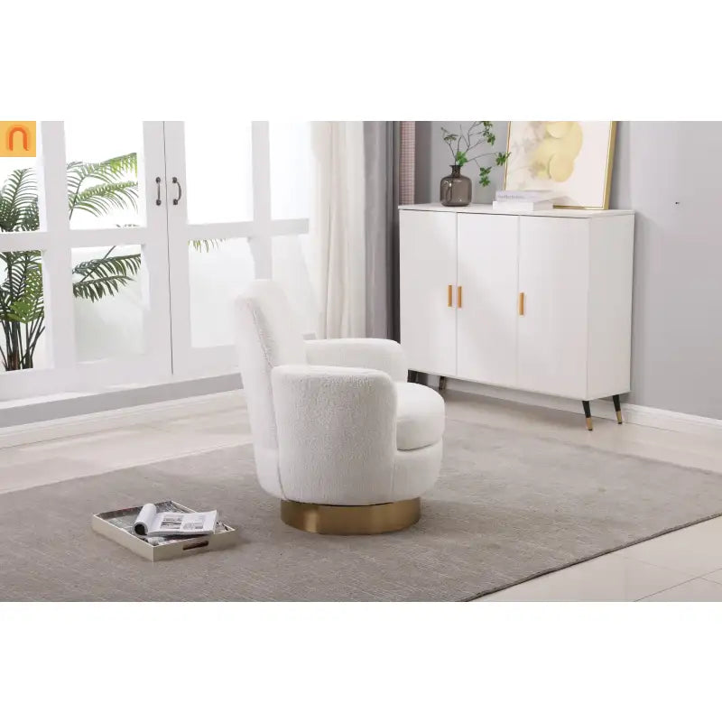 Accent Chair Barrel Swivel Faux Fur Ivory Gold Base 300 lb 29in