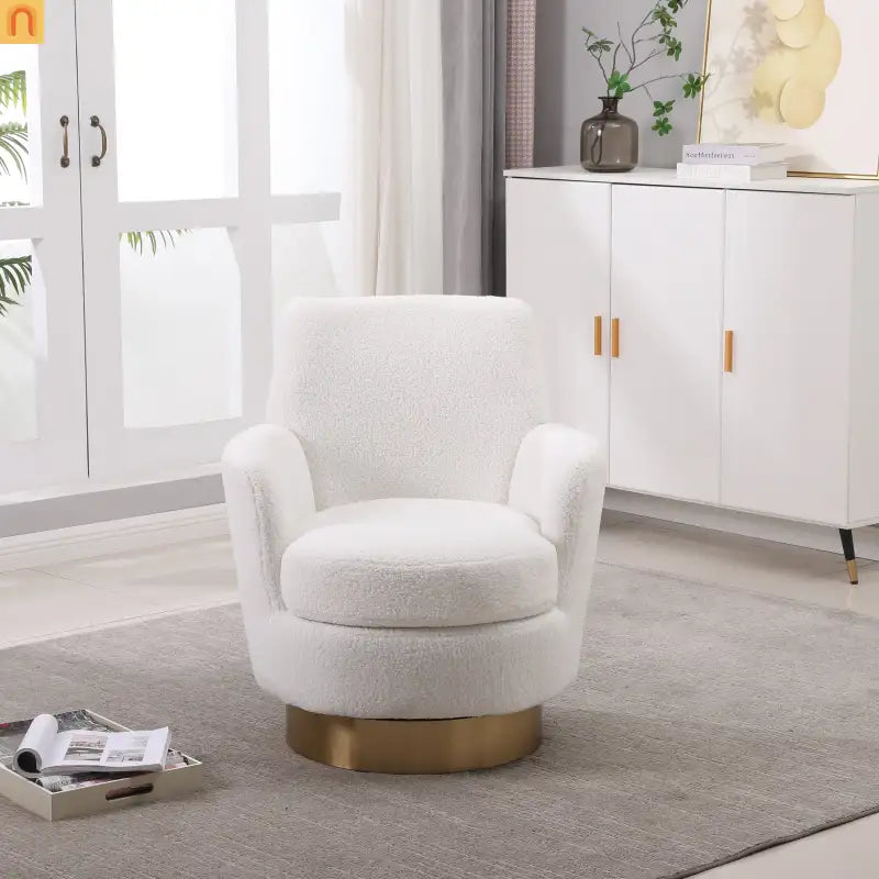 Accent Chair Barrel Swivel Faux Fur Ivory Gold Base 300 lb 29in