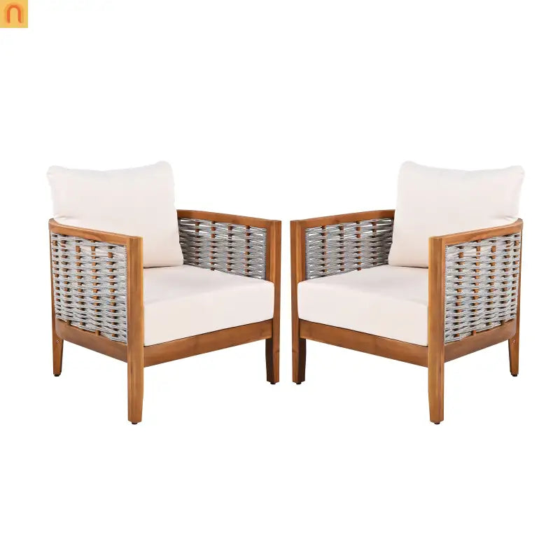 Outdoor Tub Chair Acacia Wood Rope Teak Beige Cushion Set of 2