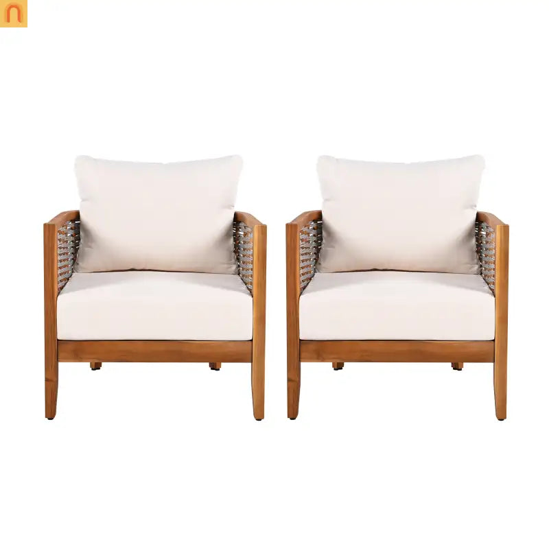 Outdoor Tub Chair Acacia Wood Rope Teak Beige Cushion Set of 2