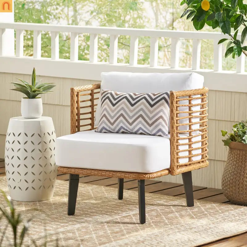 Outdoor Club Chair PE Rattan Brown Acacia Legs Water Resistant Cushion