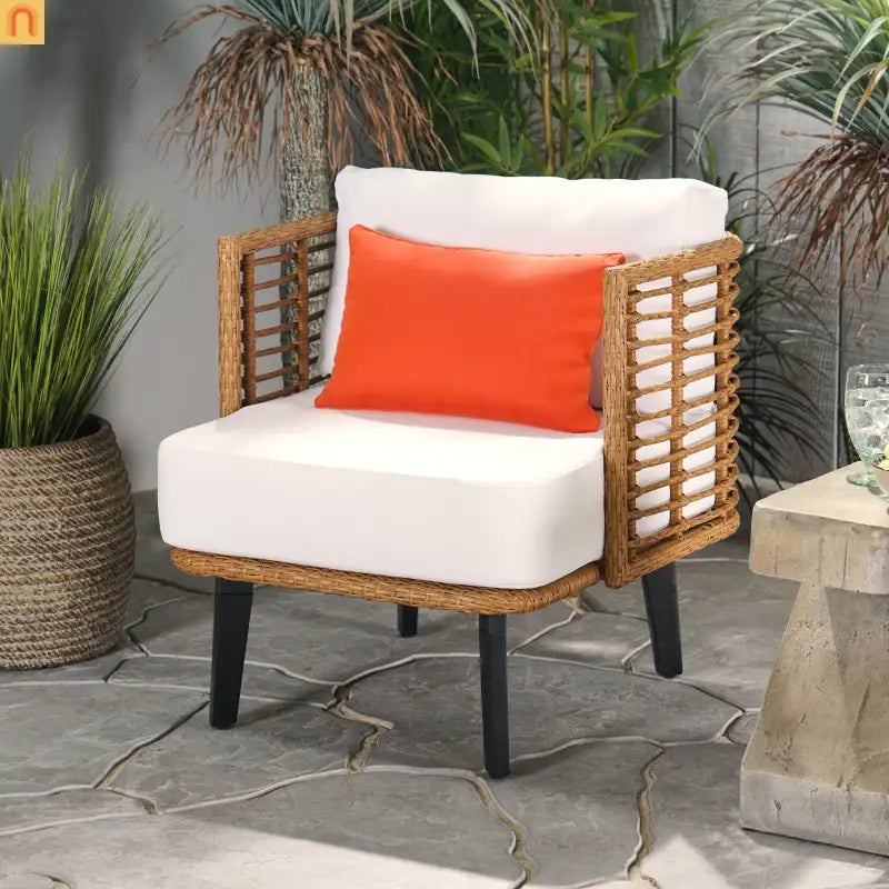 Outdoor Club Chair PE Rattan Brown Acacia Legs Water Resistant Cushion