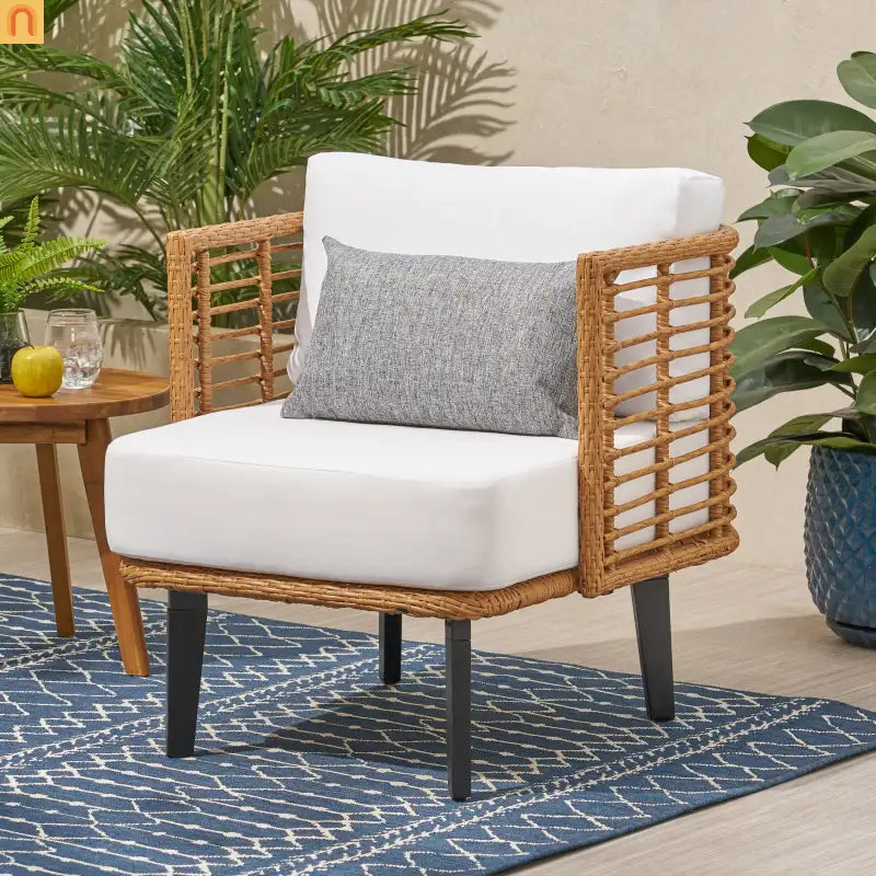 Outdoor Club Chair PE Rattan Brown Acacia Legs Water Resistant Cushion