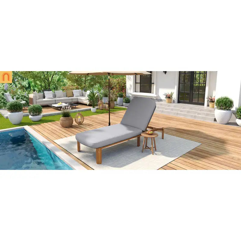 Chaise Lounge Acacia Wood Gray Cushion 3 Position 400 LB Poolside