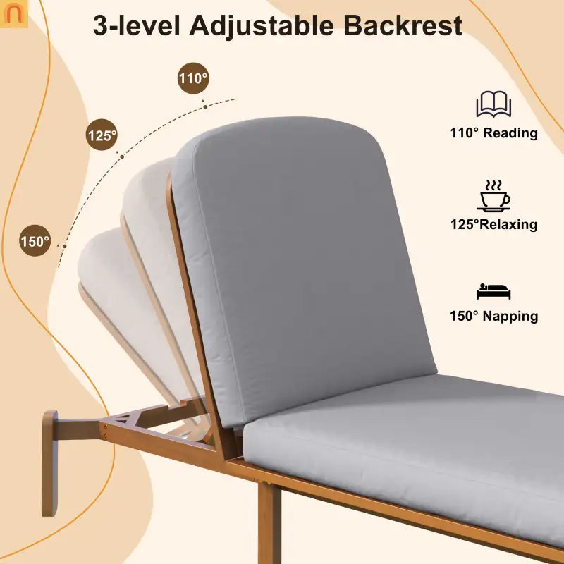 Chaise Lounge Acacia Wood Gray Cushion 3 Position 400 LB Poolside