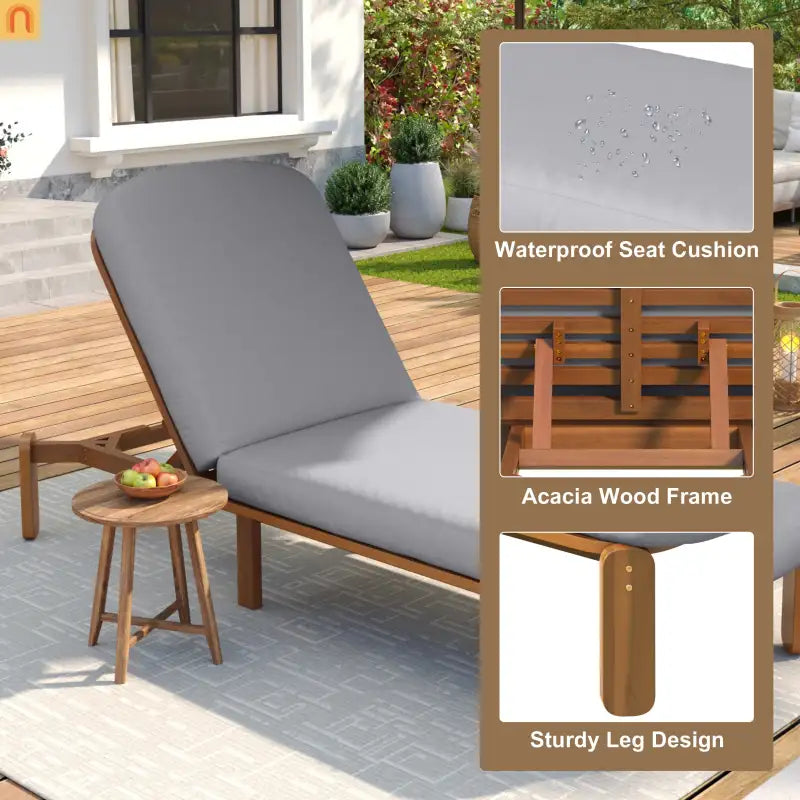 Chaise Lounge Acacia Wood Gray Cushion 3 Position 400 LB Poolside