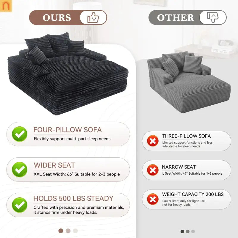 Chaise Lounge Corduroy Gray Queen Sleeper 4 Pillows 500 lb
