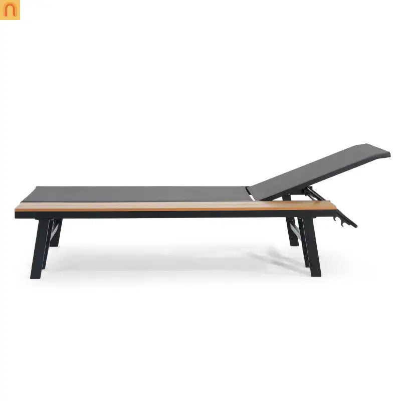 Chaise Lounge Aluminum Mesh Black 5-Position with Wood Side Table 77in
