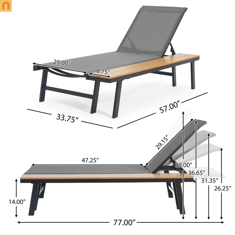 Chaise Lounge Aluminum Mesh Black 5-Position with Wood Side Table 77in