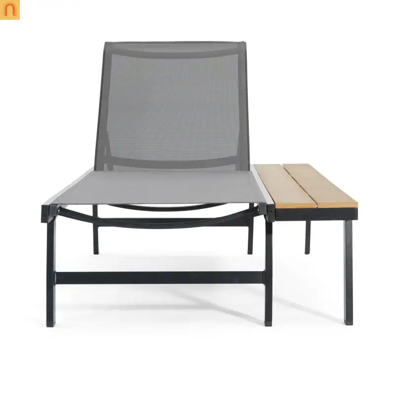 Chaise Lounge Aluminum Mesh Black 5-Position with Wood Side Table 77in