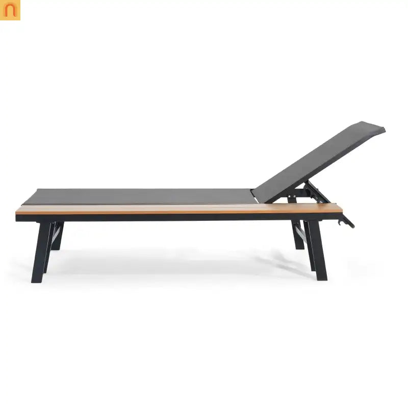 Chaise Lounge Aluminum Mesh Black 5-Position with Wood Side Table 77in