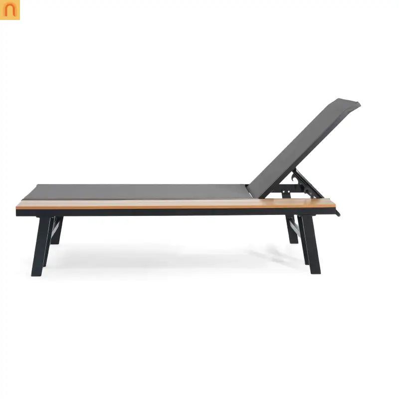 Chaise Lounge Aluminum Mesh Black 5-Position with Wood Side Table 77in