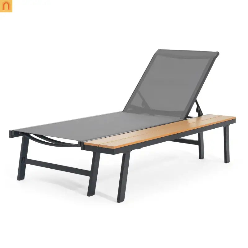 Chaise Lounge Aluminum Mesh Black 5-Position with Wood Side Table 77in