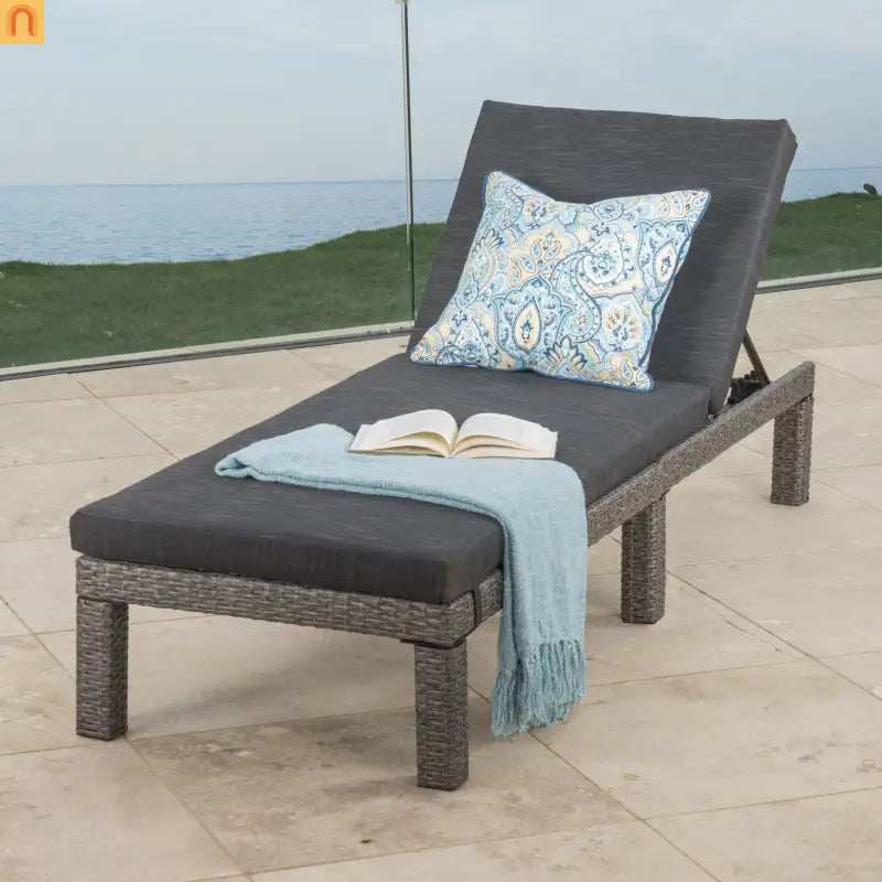 Chaise Lounge PE Rattan Black Dark Gray Cushion Adjustable 76in