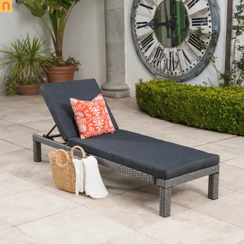 Chaise Lounge PE Rattan Black Dark Gray Cushion Adjustable 76in