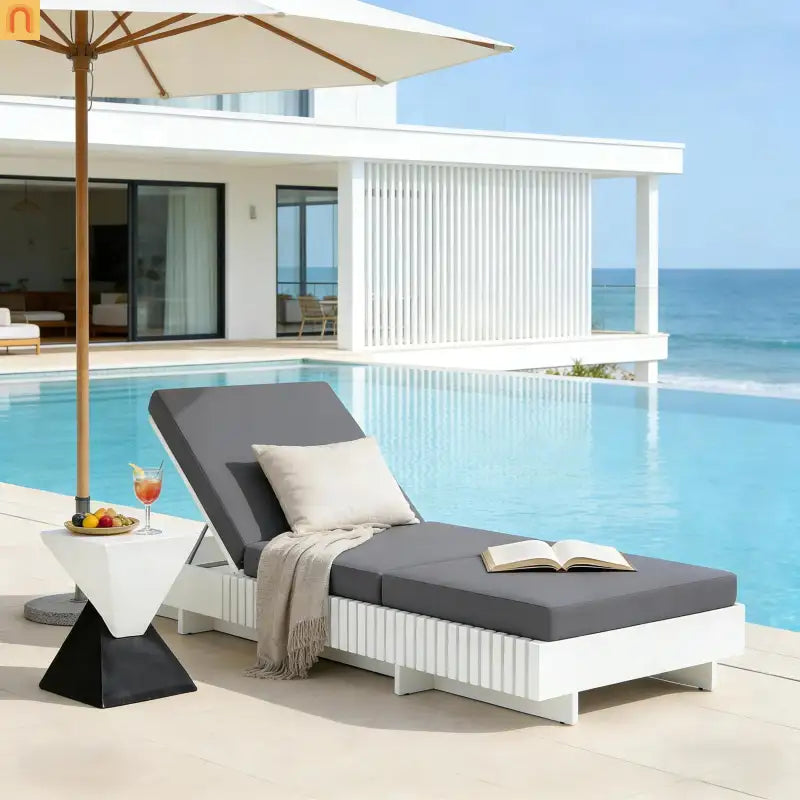 Chaise Lounge Acacia Wood White Dark Gray Cushion 6 Position 400 LB