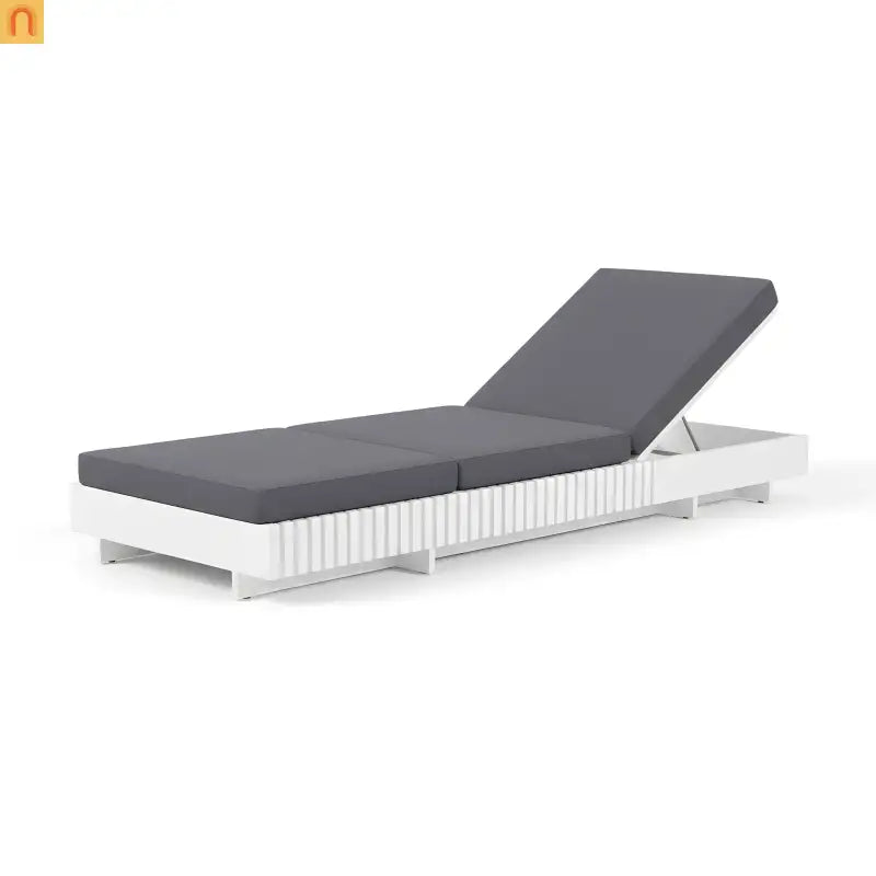 Chaise Lounge Acacia Wood White Dark Gray Cushion 6 Position 400 LB