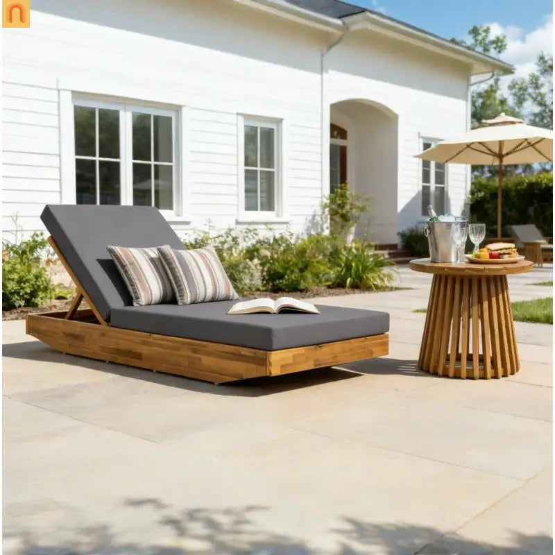 Chaise Lounge Acacia Wood Teak Dark Gray Cushion 79.6in 300 LB
