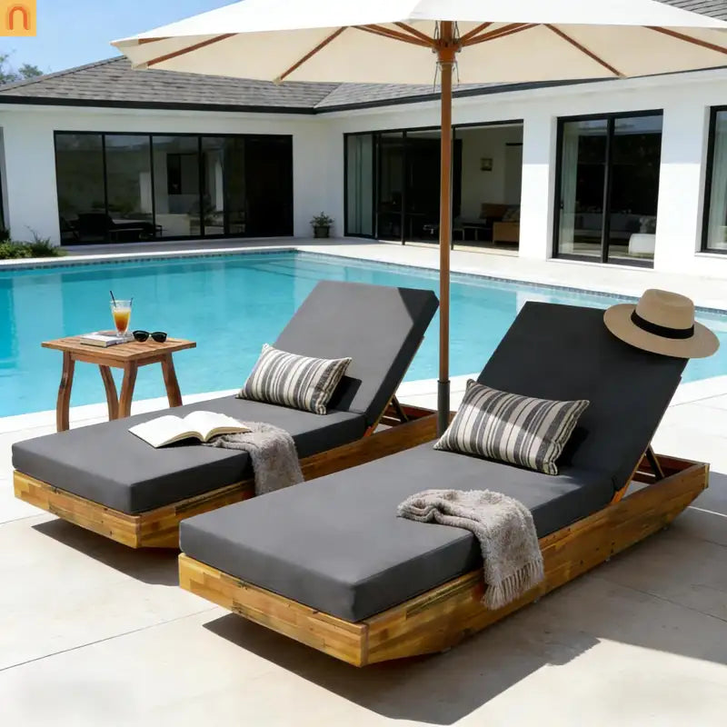 Chaise Lounge Acacia Wood Teak Dark Gray Cushion 79.6in 300 LB