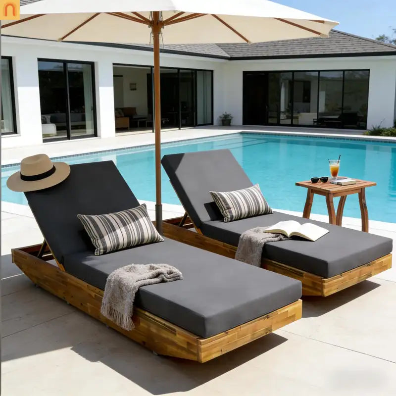 Chaise Lounge Acacia Wood Teak Dark Gray Cushion 79.6in 300 LB
