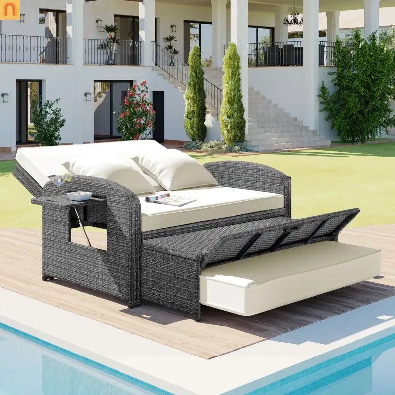 Chaise Lounge PE Rattan Steel White Cushion 3 Position 700 LB Footrest