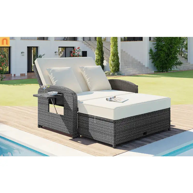 Chaise Lounge PE Rattan Steel White Cushion 3 Position 700 LB Footrest