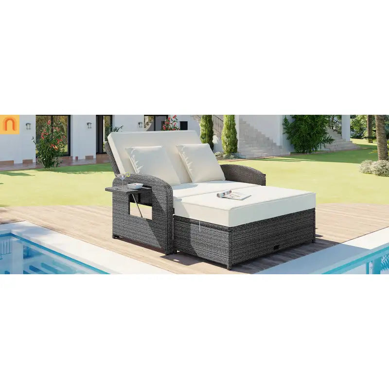 Chaise Lounge PE Rattan Steel White Cushion 3 Position 700 LB Footrest