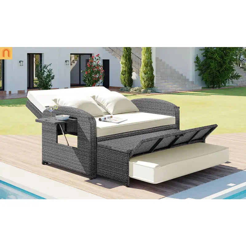 Chaise Lounge PE Rattan Steel White Cushion 3 Position 700 LB Footrest