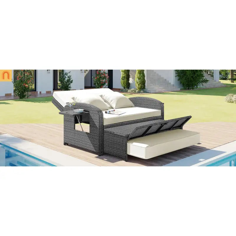 Chaise Lounge PE Rattan Steel White Cushion 3 Position 700 LB Footrest
