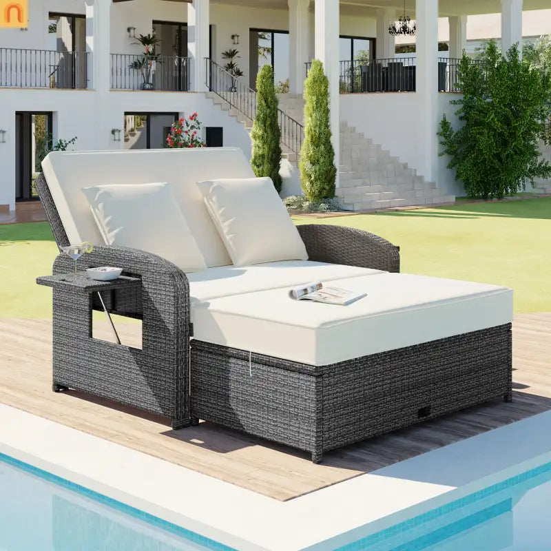 Chaise Lounge PE Rattan Steel White Cushion 3 Position 700 LB Footrest