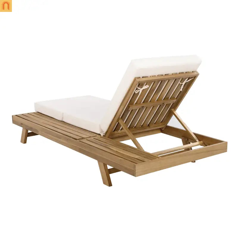 Chaise Lounge Acacia Wood Light Brown Cream Cushion 4 Position 79in