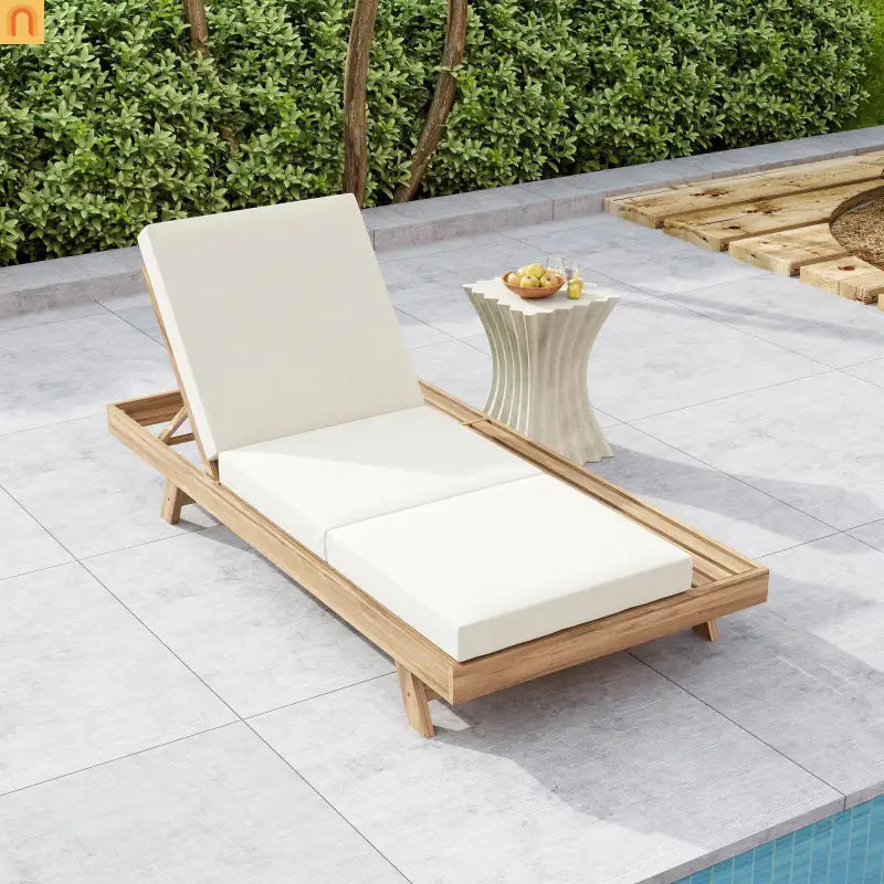 Chaise Lounge Acacia Wood Light Brown Cream Cushion 4 Position 79in